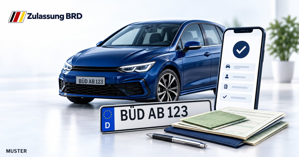 Online Fahrzeugzulassung in Büdingen: Musterkennzeichen BÜD AB 123, Auto und Fahrzeugpapiere und Smartphone. Illustration mit Logo von Zulassung BRD.
